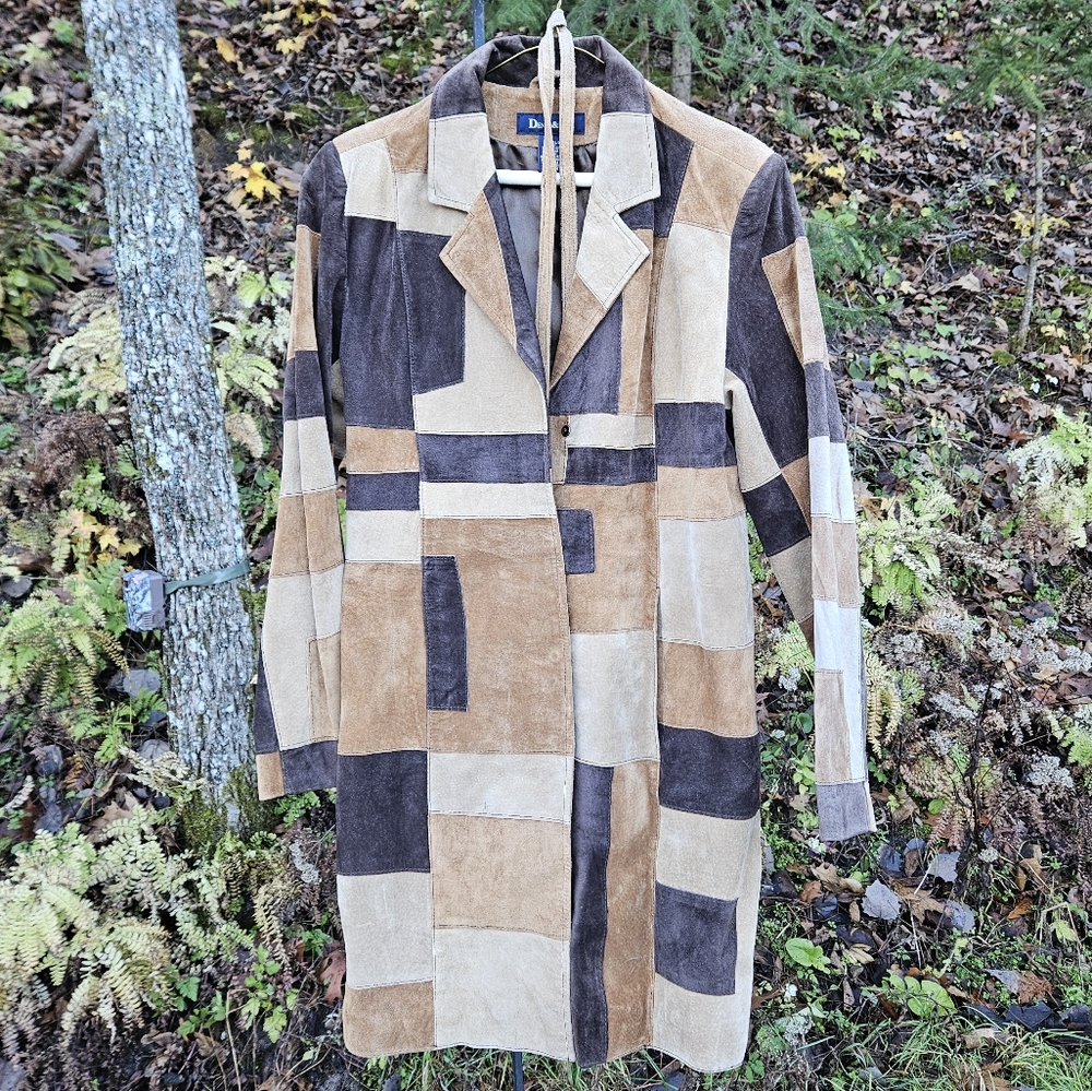 Vintage Denim & Co Patchwork Suede Leather Coat Browns and Tan with Belt